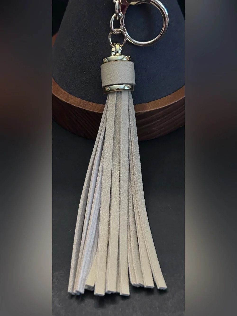 Faux Leather Tassel Keychain Bag Charm in Light Beige/Tan NWOT